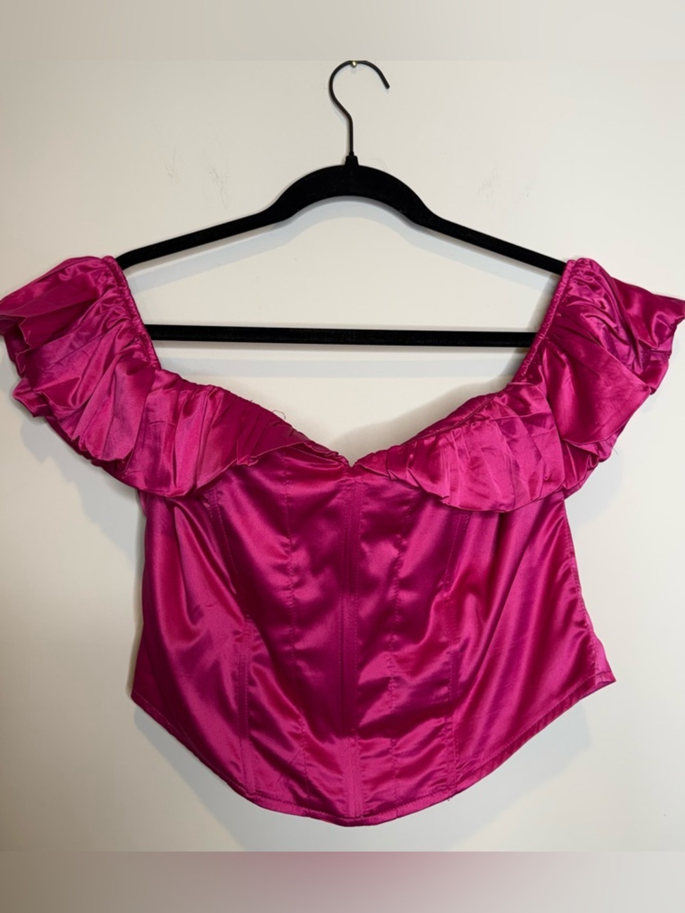 PrettyLittleThing Fuchsia Satin Off-Shoulder Ruffle Corset Top